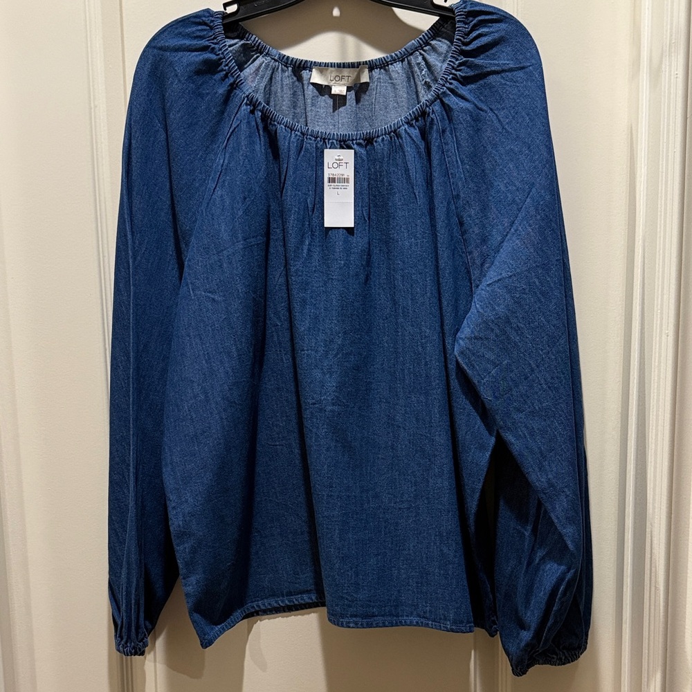 LOFT NWT Dutch Blue Long Sleeve Chambray Shirted Blouse Size Large